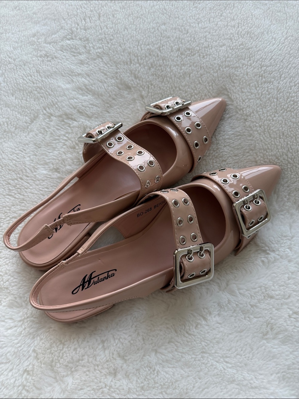 MULANKA Nude Pink Pointed Slingback Buckle Flats